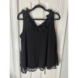 j.t.b. Black Mesh Sleeveless Blouse Floral Applique Neck Tie Back Large